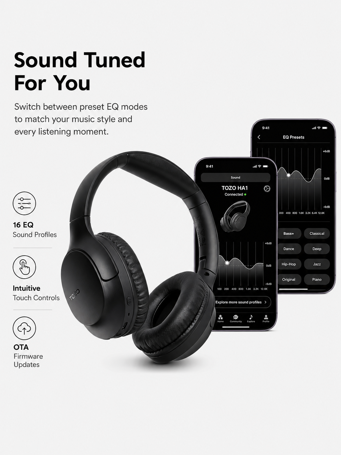 TOZO H100 Over-Ear Wireless Bluetooth Headphones with App Control