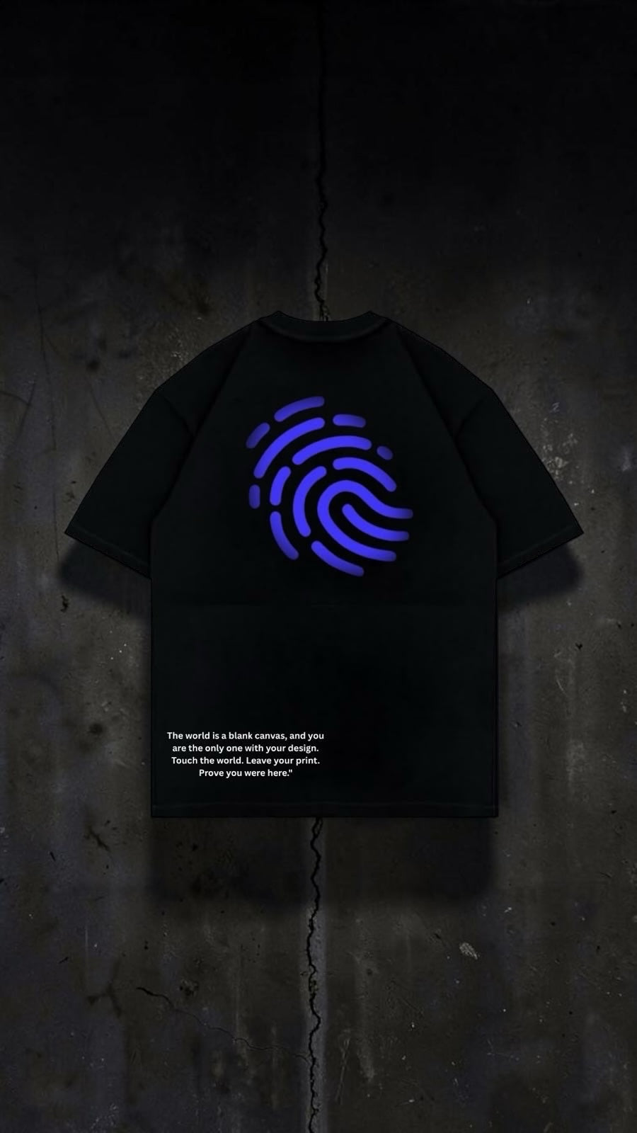 ZWENO.INC black cotton t-shirt with a blue fingerprint graphic and inspirational text on the back.
