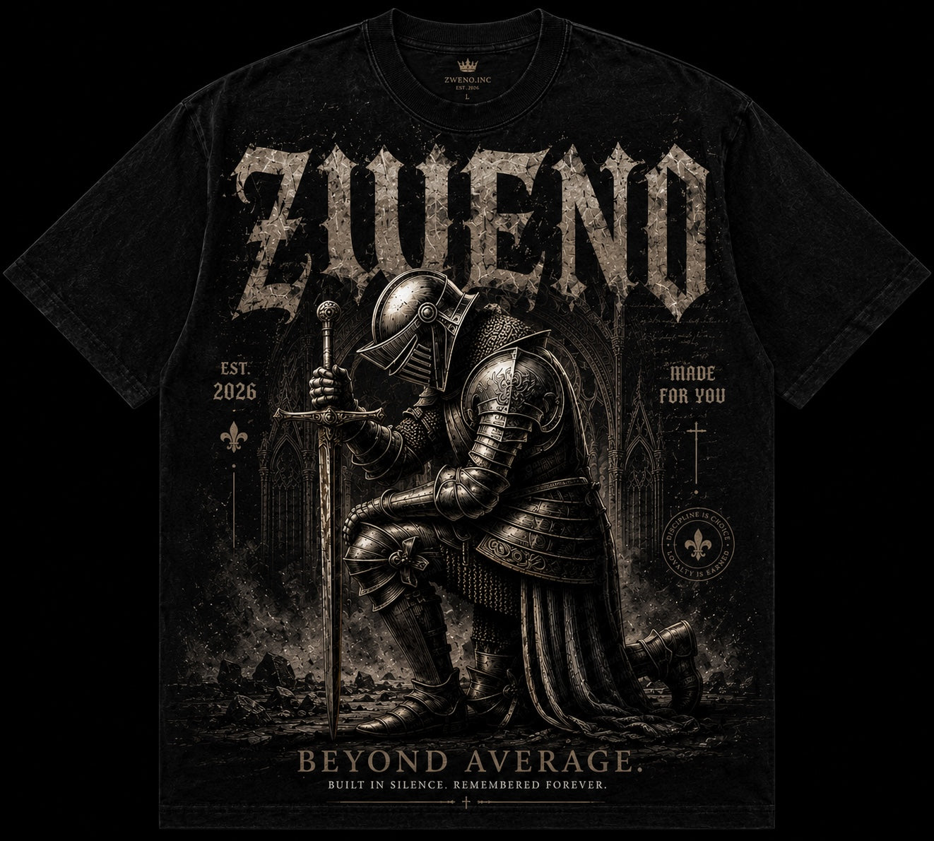ZWENO.INC black cotton crew neck t-shirt featuring a detailed graphic print of a kneeling knight in armour.